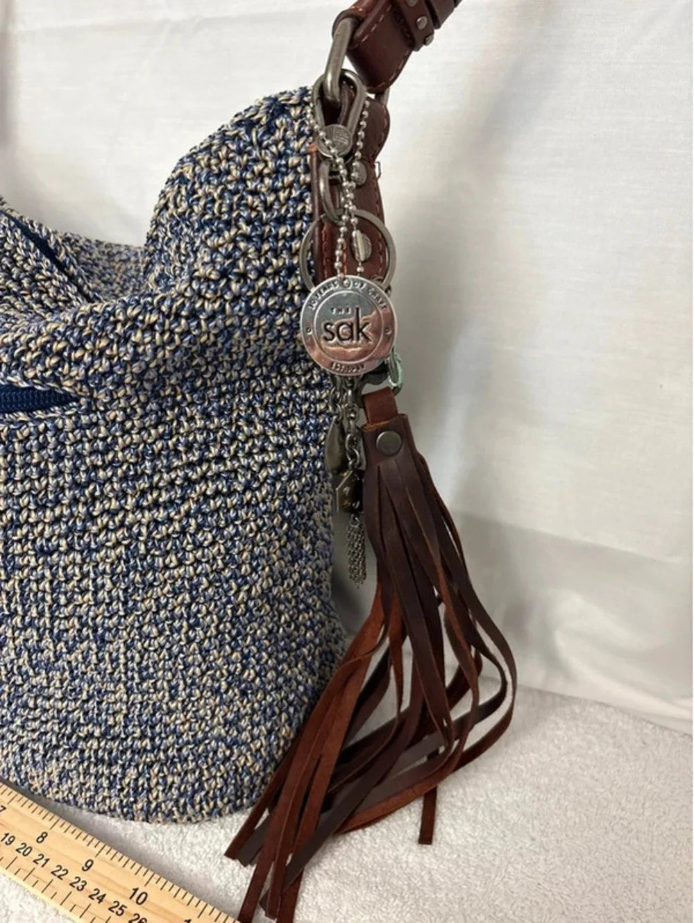 The Sak Blue Tan Crochet Hobo Shoulder Bag Leather Tassel New Without Tags